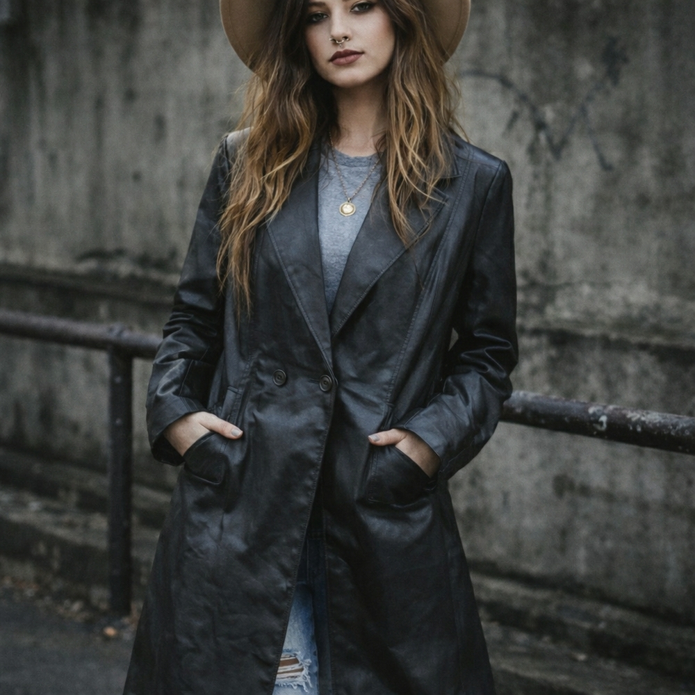 NWT Promesa Black Long Faux Leather Trench Whimsygoth Witchy Grunge Coat Sz L